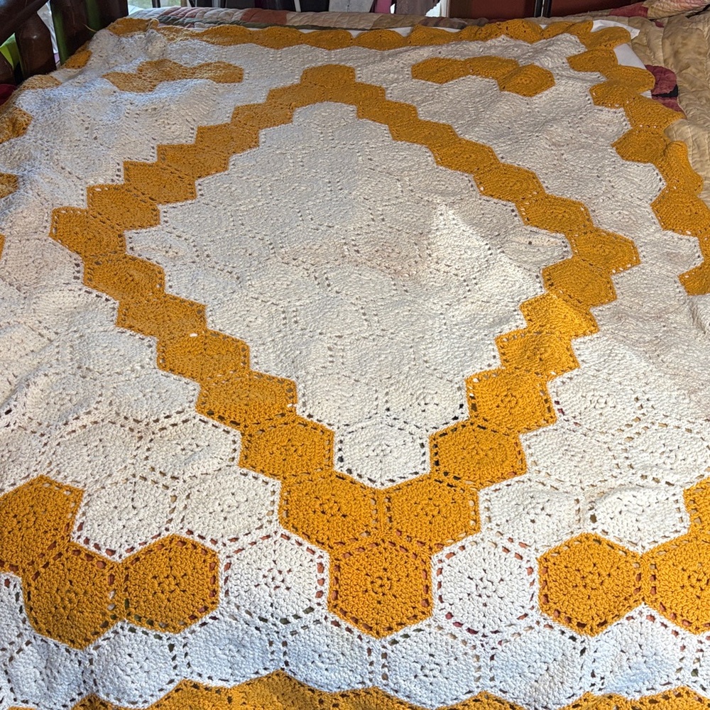 Large Handcrafted Vintage White and Mustard Yellow Crochet Blanket